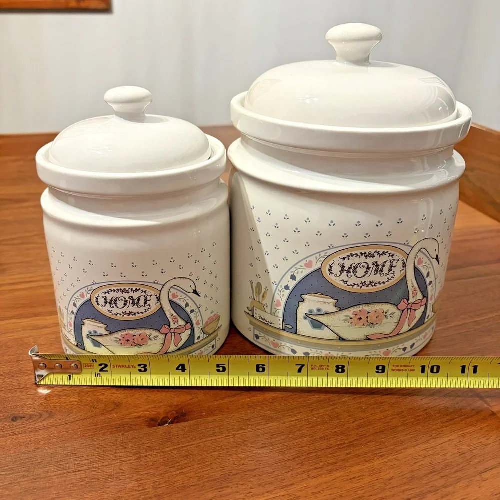Vintage Home Swan Goose Stoneware Canisters Set of 2 Pink Blue Farmhouse 1980s